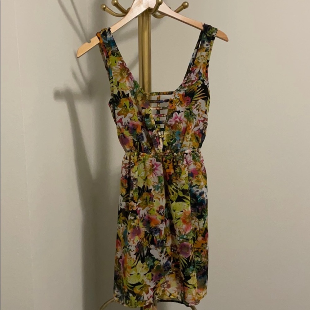 Bright Colorful Resort Vacation Summer Floral Dress with Front & Back Cutouts